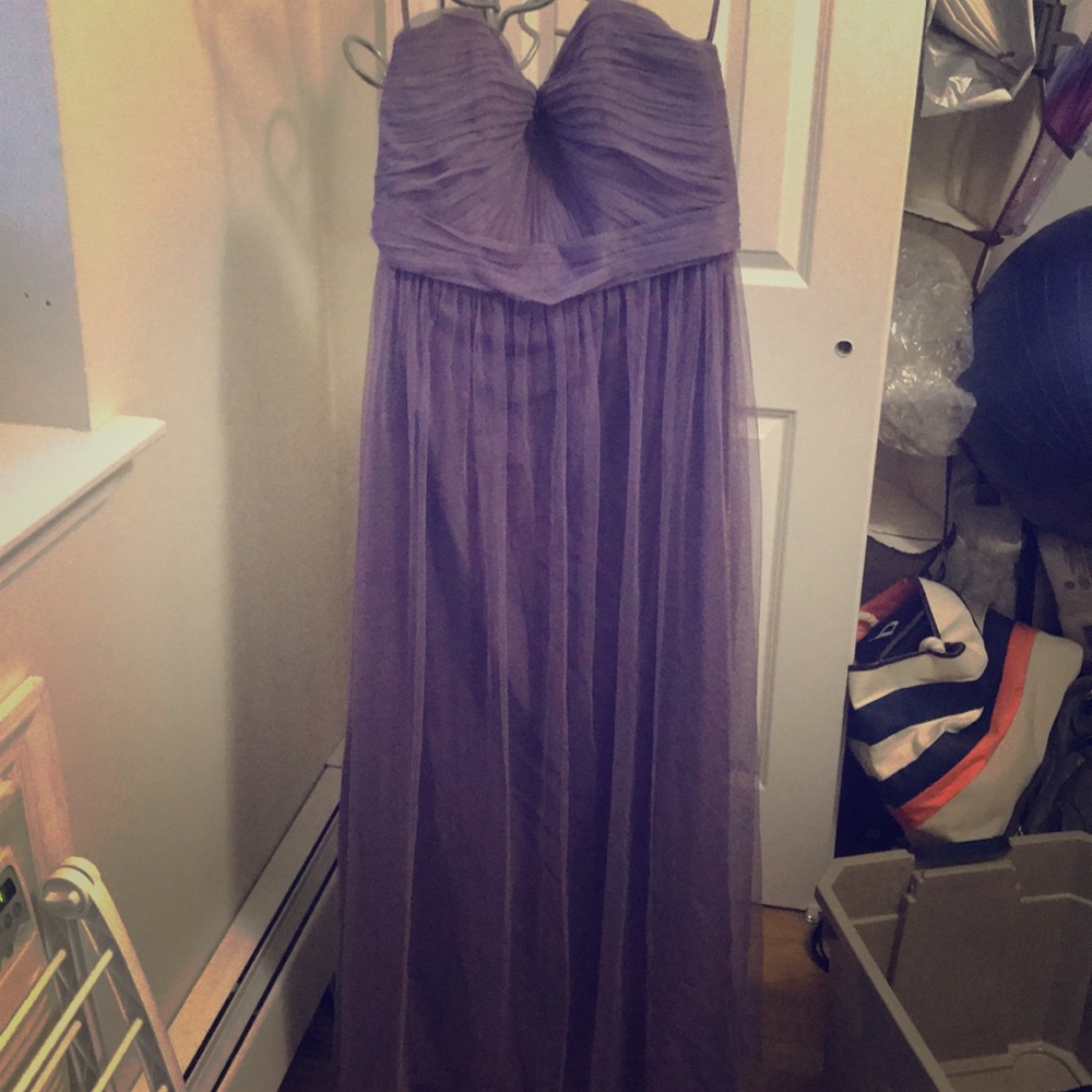 Floor length lavender strapless dress